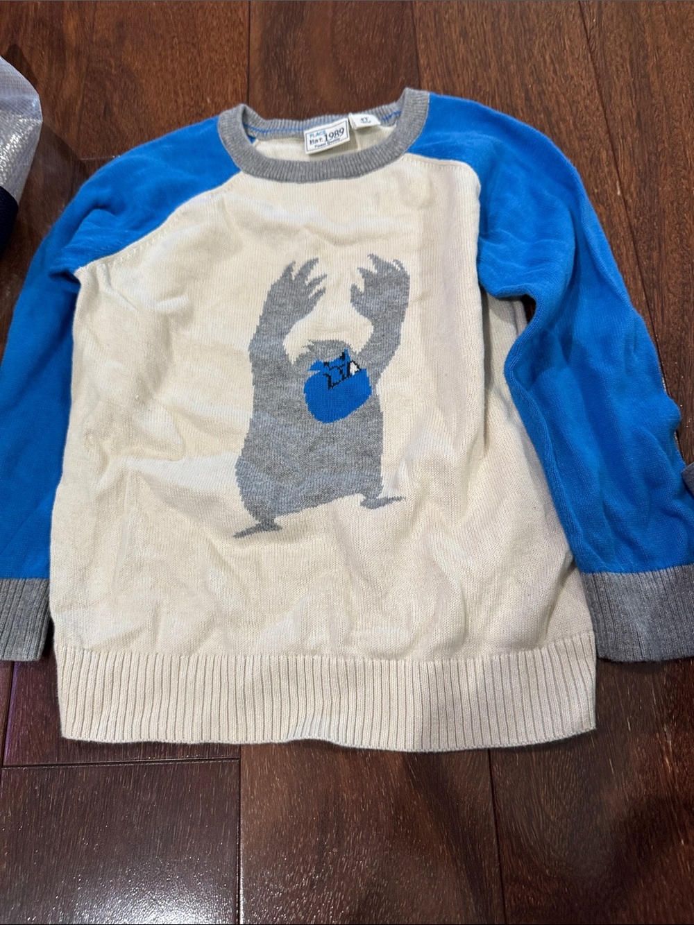 The Children's Place Cream Sweater with Blue Raglan Sleeves
